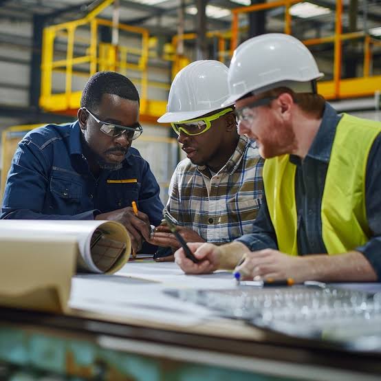 Engineers reviewing technical drawings on an industrial site
